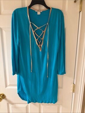 VENUS Turquoise Lace-Up V-Neck Tunic with Gold Trim Swim Cover up